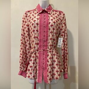 $325 ETCETERA Red Thistle Buttoned Cotton/Silk Tasseled Waist Tie Print Blouse 2